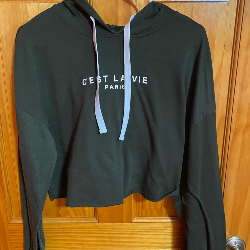 Cest La Vie Green Cropped Hoodie